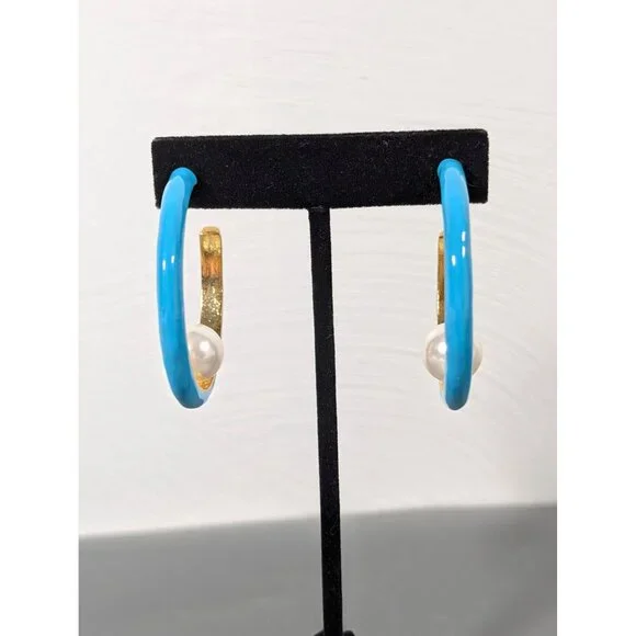 Turquoise Blue Enamel Hoop Earrings Faux‎ Pearl Signed Kenneth Lane - Picture 3 of 10